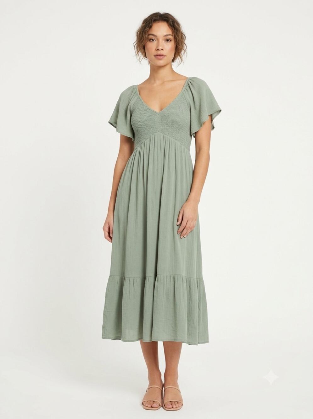 Baltic Born Maxi Dress Women's XS Sage Green Flutter Sleeve Monica Smocked Boho
